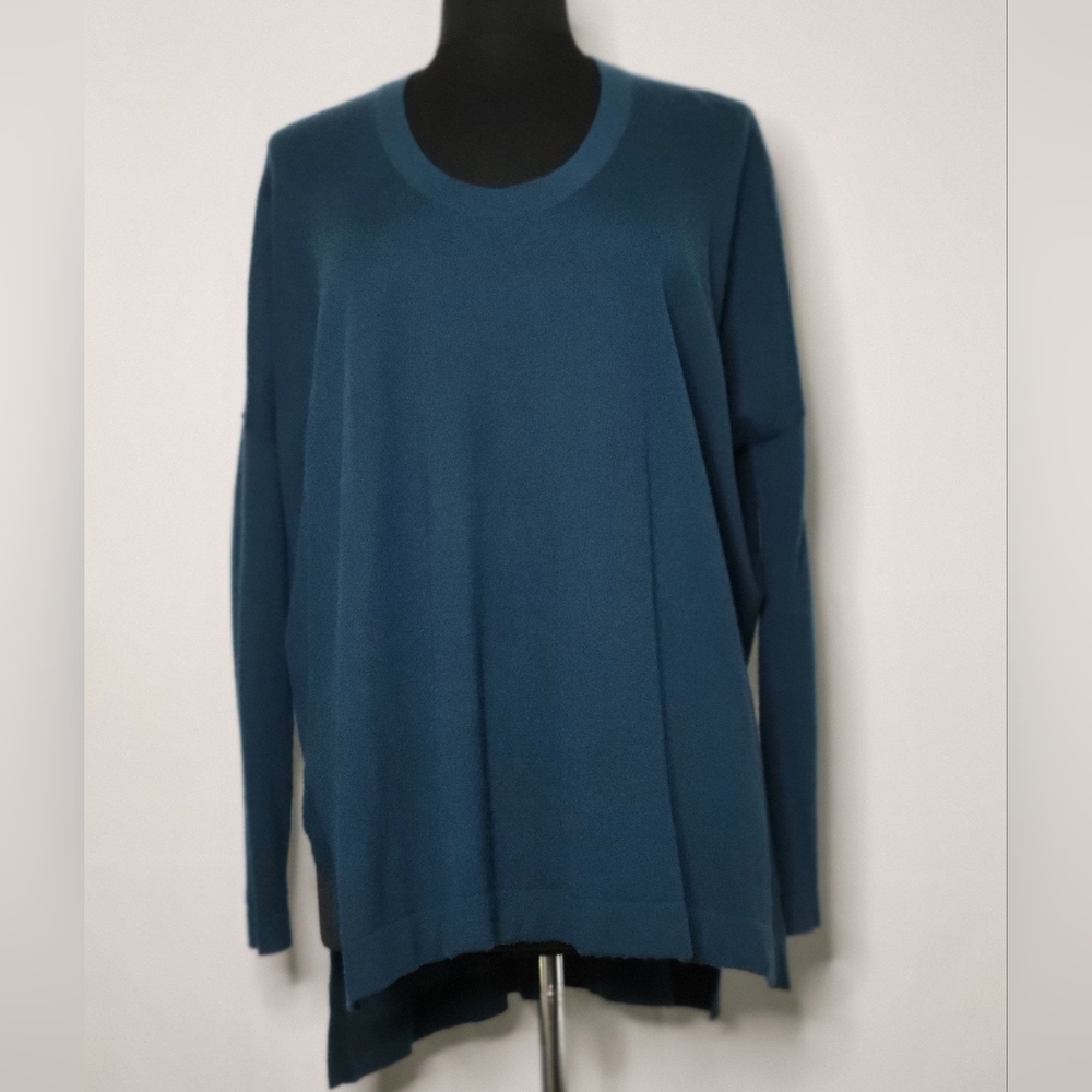 Donna Karan Blue Teal Cashmere Sweater, Scoop Neck, Side Slit